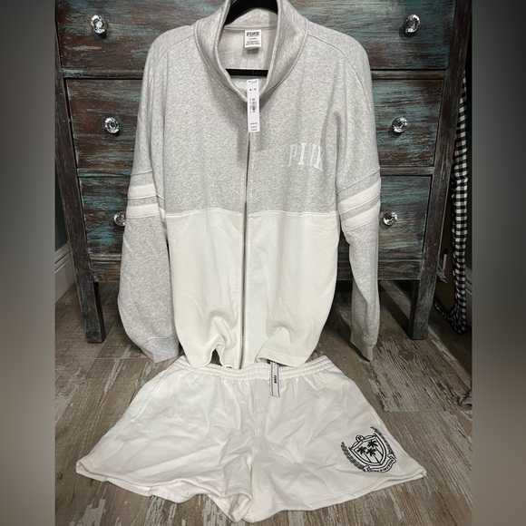 PINK Victoria's Secret Tops - NWT!VSPINK Varsity FullZip White/Gray Fleece Jacket/VSPINK Fleece White Short-M